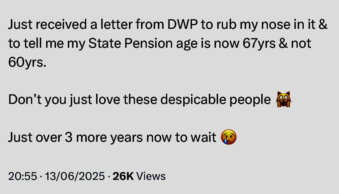 Amazingly, &gt;1k likes for this by someone who was 33 when Pensions Act 1995 equalised the state pension age. Her complaint has nothing to do with any “injustice” or alleged failure of communication: she just wants money without earning it. Taxpayers have no reason to comply.