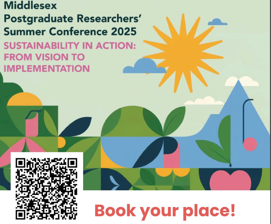📢Annual PGR Summer Conference 2025! 

17th June (in-person) &amp; 18 June (online)

Invites our doctoral researchers to explore how their work contributes to the global sustainability agenda.

Event details: mdx.ac.uk/about-us/event…

Book your ticket through the below QR code!