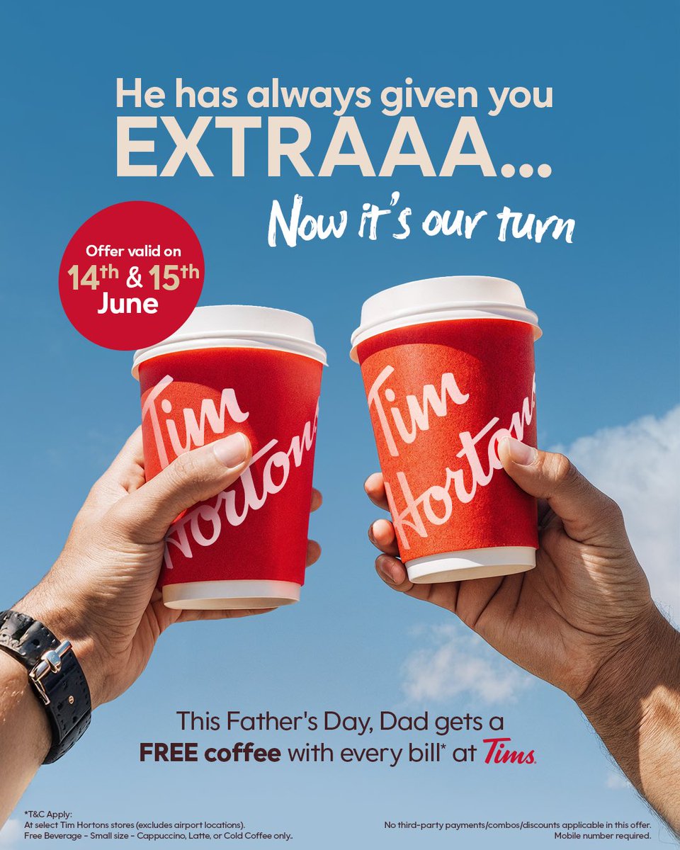 This Father’s Day, let’s raise a cup to the man who always goes the extra mile, with a coffee treat from us.

T&amp;C apply.

#TimHortonsIndia #FathersDay