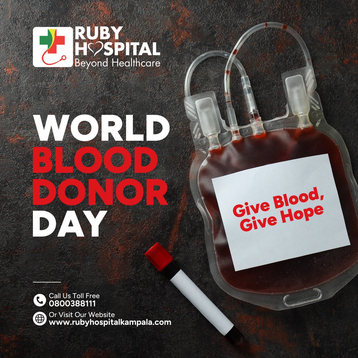 RubyhospitalUg's tweet photo. Give Blood. Give Hope. Renew Lives including Your Own.
we celebrate every donor and the life changing impact of giving. From heart health to renewed cells, one donation can save up to 3 lives and benefit yours too.🩸
#GiveBloodGiveHope #WorldBloodDonorDay #RubyCares https://t.co/QOZj2bbkAg
