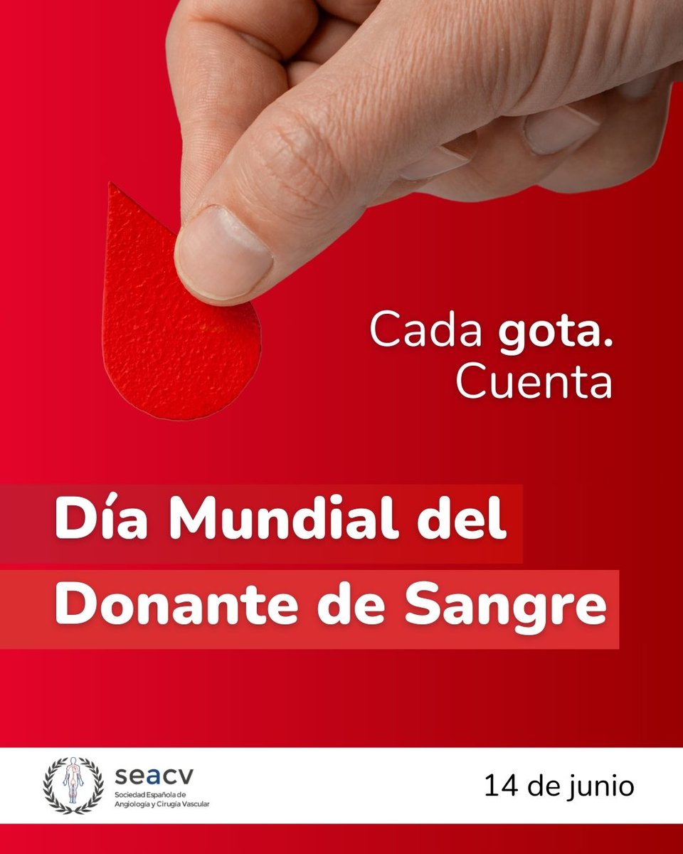 Hoy es el #diamundialdeldonantedesangre  🩸. Desde la #SEACV nos unimos para dar difusión al mensaje de que "CADA GOTA CUENTA". 
Animemos entre todos a la población a acudir a los puntos de #donaciondesangre  de manera recurrente y difundamos su importancia 😉.

#donarsangre