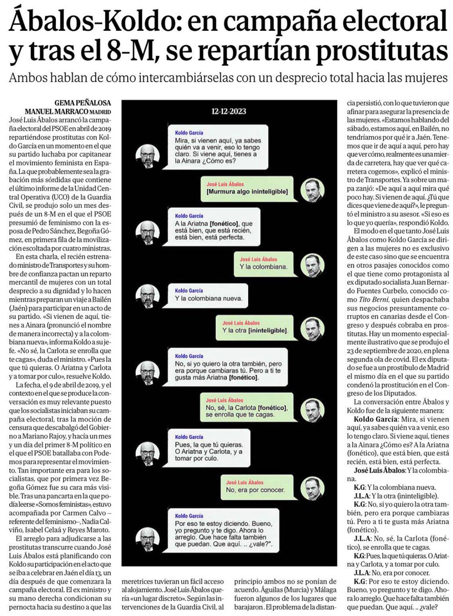 👉 Mientras el PSOE presumía de feminismo tras el 8-M, Ábalos y Koldo se repartían prostitutas en plena campaña electoral.

Así entienden los de Armengol el “progreso” y el respeto a la mujer.

Corrupción y decadencia moral.

#ElPartidodelaverguenza
#ElPSOEdelaverguenza