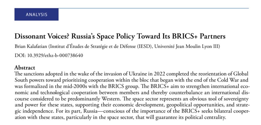 Brian Kalafatian (@briankalafatian) on Twitter photo I am pleased to share with you my research article "Dissonant Voices? #Russia's Space Policy Toward Its BRICS+ Partners" published yesterday in the Russian Analytical Digest n°328, dedicated to the Russian #space sector.
<a href="/CSS_ETHZurich/">CSS at ETH Zurich</a>
css.ethz.ch/en/publication… I am pleased to share with you my research article "Dissonant Voices? #Russia's Space Policy Toward Its BRICS+ Partners" published yesterday in the Russian Analytical Digest n°328, dedicated to the Russian #space sector.
<a href="/CSS_ETHZurich/">CSS at ETH Zurich</a>
css.ethz.ch/en/publication…
