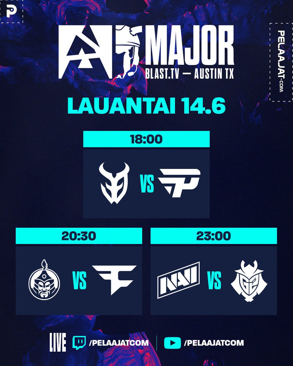Pelaajat.com (@pelaajatcom) on Twitter photo Lauantain matsit — Aleksib:llä mahdollisuus edetä pudotuspeleihin👌
⏰18:00
📺twitch.tv/pelaajatcom & Pelcom-tube
🎤 <a href="/Oonraimo/">Aleksi Takkinen</a> & <a href="/SamppaCS2/">Samu Kylmälä</a>
#esportsfi #counterstrike #BLAST Lauantain matsit — Aleksib:llä mahdollisuus edetä pudotuspeleihin👌
⏰18:00
📺twitch.tv/pelaajatcom & Pelcom-tube
🎤 <a href="/Oonraimo/">Aleksi Takkinen</a> & <a href="/SamppaCS2/">Samu Kylmälä</a>
#esportsfi #counterstrike #BLAST