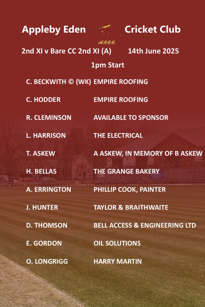Game day…
1st XI v Settle 2s (H) 1pm
2nd XI v Bare 2s (A) 1pm
#AECC