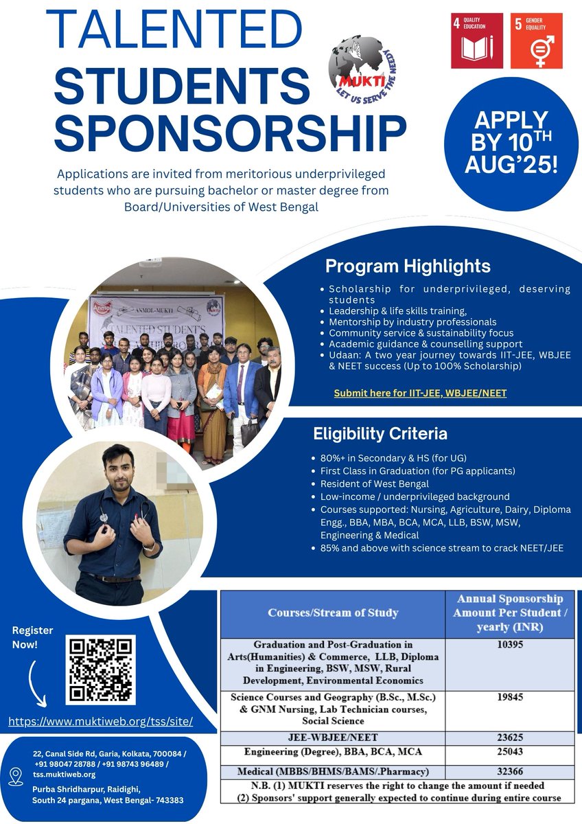 Applications Open: MUKTI Scholarship 2025–26
Share this opportunity in your friends, social circles, or with anyone who could benefit.
Last Date to Apply: 10th August 2025
Apply: muktiweb.org/tss/site/
UDAAN: Gateway to IIT-JEE, WBJEE &amp; NEET
Apply: docs.google.com/.../1BD9yKQYwV…