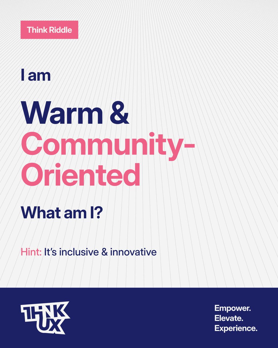 thinkUX_ng's tweet image. I am Warm & Community-Oriented
I'm not just about design; I'm about people.
What am I?
Hint: I’m inclusive and innovative...
Tell us your guess in the comments below
#riddle #uiux #inclusivedesign #uxcommunity #thinkux