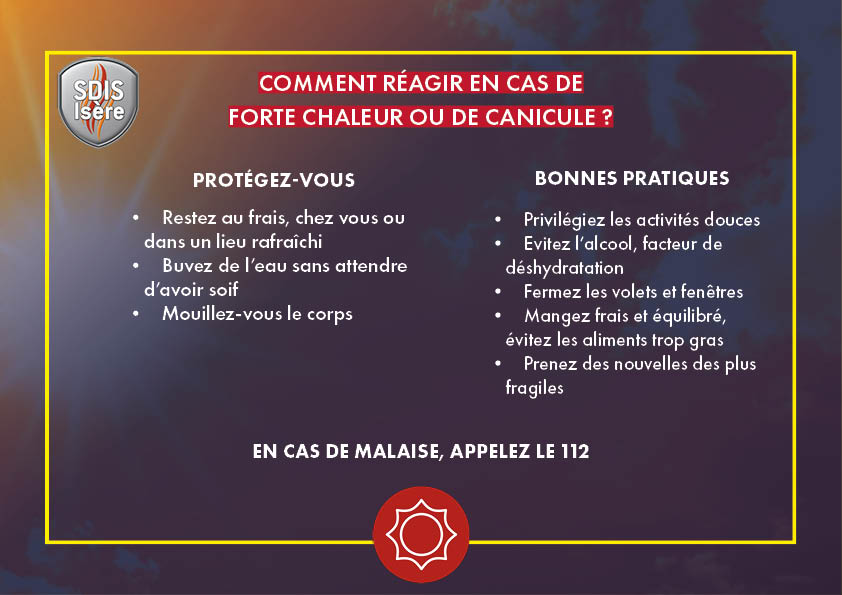 🔥 Canicule : les bons gestes 🔥
✅ Buvez de l’eau régulièrement
✅ Restez au frais
✅ Évitez les efforts aux heures les + chaudes
✅ Protégez les plus fragiles
🚗 JAMAIS d’enfant ou d’animal dans une voiture
📞 Urgence : 18 ou 112
#Canicule #Sécurité