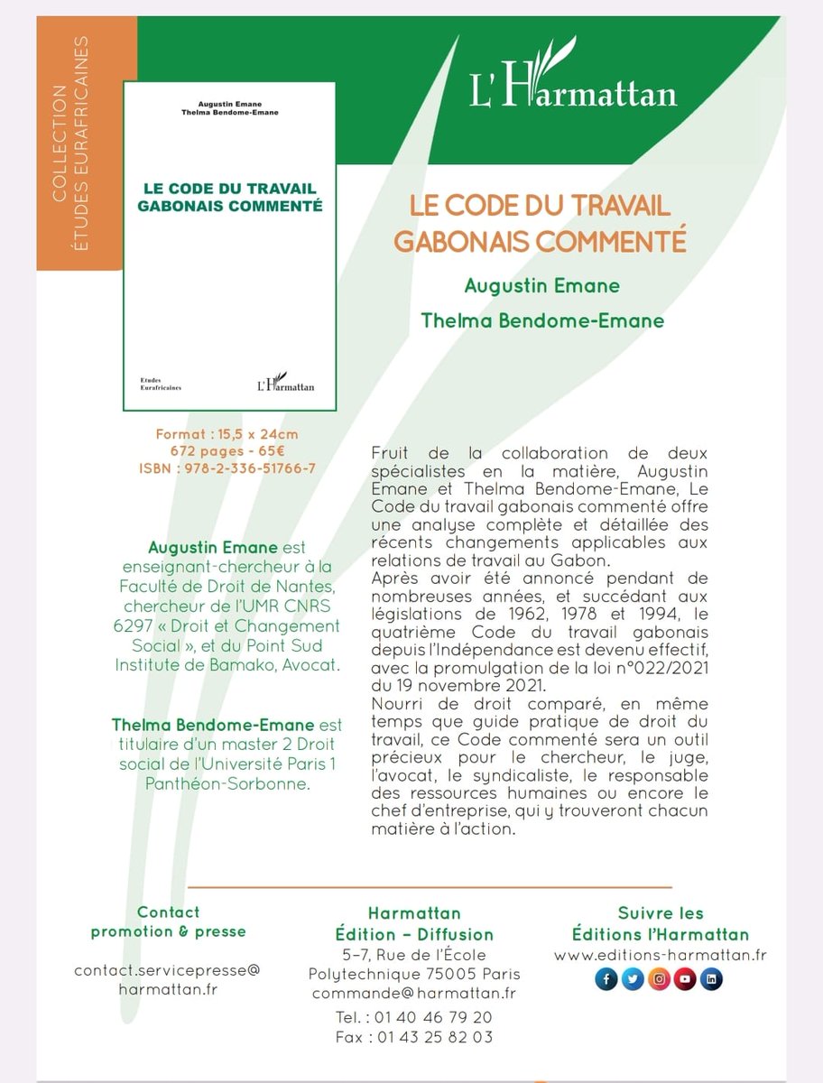 boulipapa's tweet image. J&apos;ai le plaisir de vous annoncer la parution de mon dernier livre co-écrit avec Thelma Bendome-Emane: &quot;Le Code du travail gabonais commenté&quot;. 
Il est disponible sur les plate-formes en ligne.
#Gabon #CodeduTravail @NantesUniv @lunionga @gabonmediatime @gabonreview241