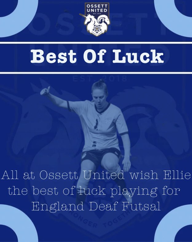 Ossett United Women (@ossettunitedlfc) on Twitter photo Best of Luck to Ellie!
Ellie is part of the <a href="/engdeaffutsal/">England Deaf Futsal</a> women’s team participating in the World Deaf Futsal Cup in Montesilvano, Italy.
The tournament starts today with England’s first game vs Sweden tomorrow (15th June). Best of Luck to Ellie!
Ellie is part of the <a href="/engdeaffutsal/">England Deaf Futsal</a> women’s team participating in the World Deaf Futsal Cup in Montesilvano, Italy.
The tournament starts today with England’s first game vs Sweden tomorrow (15th June).