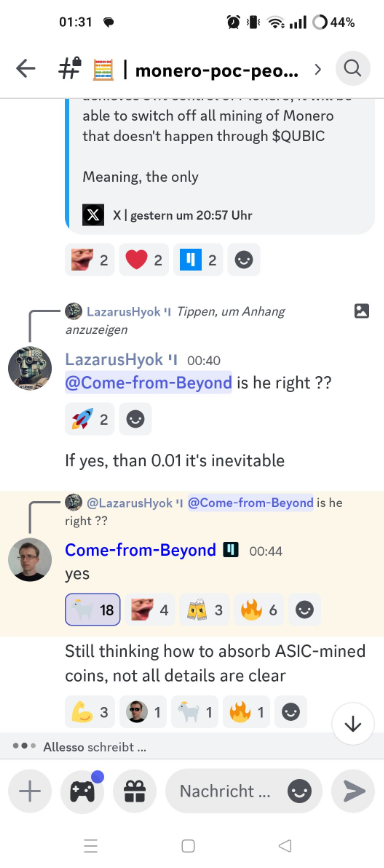 TheCryptoEscape's tweet photo. If you thought my post about $QUBIC sucking up all the mining power in the world was hopium or farfetched, then check out what @c___f___b  had to say about it below

I don't know if it will definitely happen

But only a month or two ago people were telling me $QUBIC definitely won't be able to mine $XMR

Where there is will and skill, there is a way...

A funny thing happens in nature

Sometimes an evolution happens that introduces a evolved species into a balanced ecosystem

That new species comes into the balanced ecosystem and rips through it, eating and killing everything in its path

$QUBIC looks to me like an evolved species entering a balanced crypto ecosystem and it is about to rip through it, eating everything in its path

And most importantly, $QUBIC has been designed from the ground up to make sure the same can't happen to it due to the Quorum and the Arbitrator

The more you look at it... it could all be a coincidence.... or this could have been the plan all along

To absorb everything