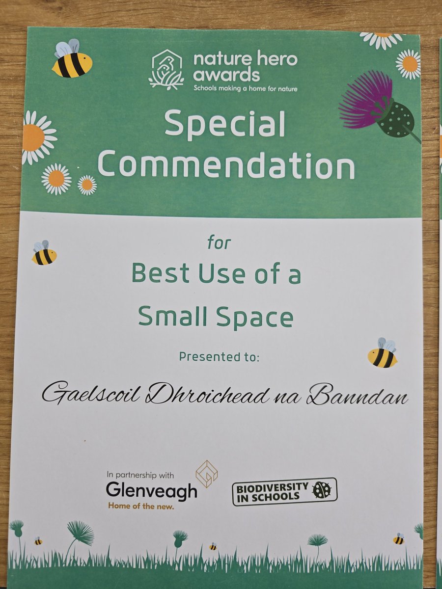 Ar mhuin na muice faoi láthair toisc brat glas nua agus dhá duais Nature Heroes award a bheith bronnta ar an scoil- "Bronze Badger" &amp; "Best Use of Small Space".