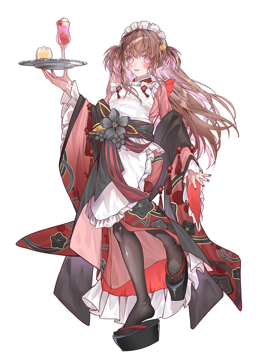 暑假的企劃是大正女僕！

我自己很喜歡腳上絲襪的那個皺褶！
為大家端上漂浮蘇打水和雞蛋布丁！

希望穿著這麼華麗的衣服端盤子，
不要不小心絆倒了呀～

※ 這張圖面會做成八月FF場上販售的立牌！