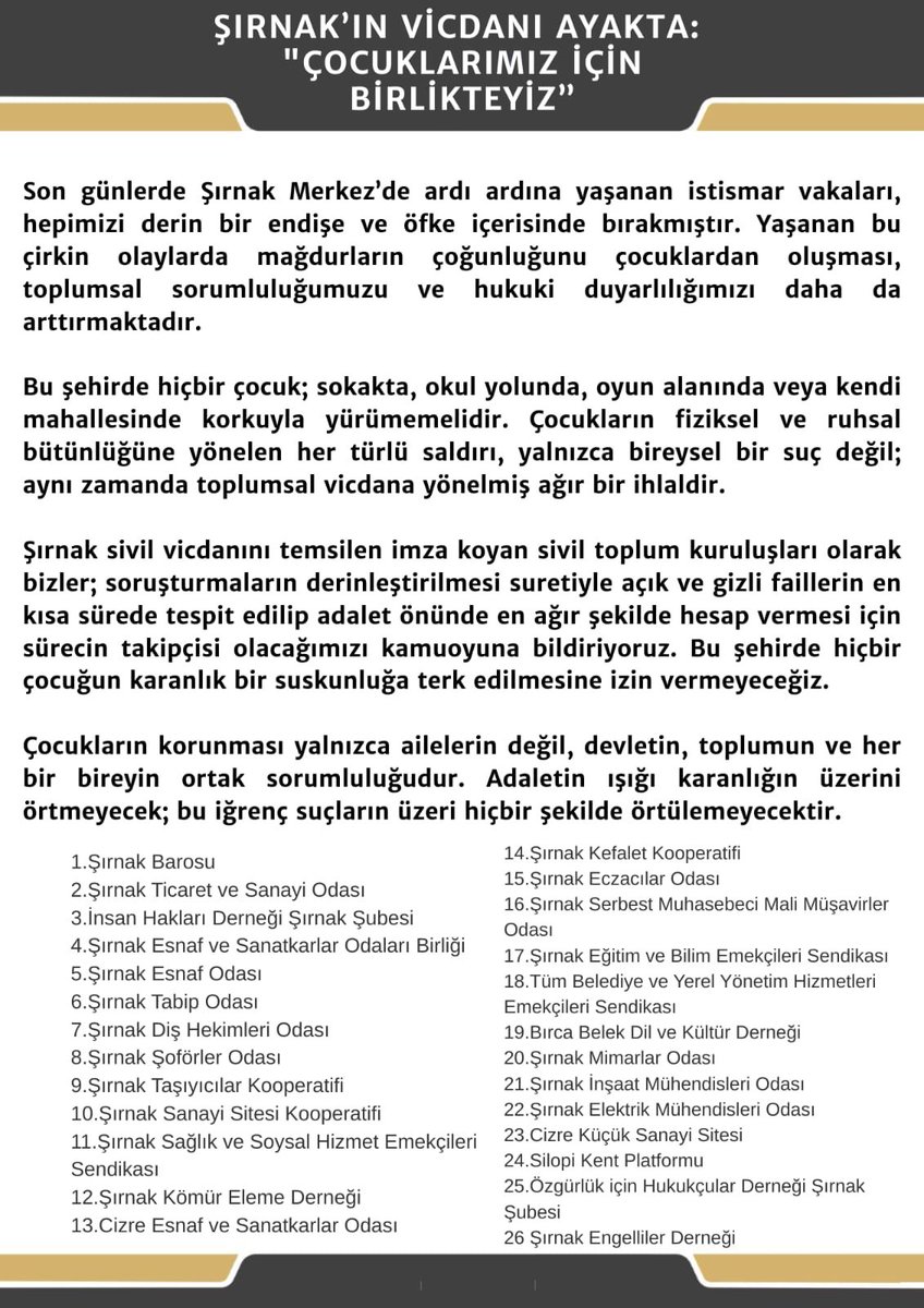İHD Şırnak Şubesi (@ihd_sirnak) on Twitter photo 📍 Basına ve Kamuoyuna
📣 "Şırnak'ın Vicdanı Ayakta: Çocuklarımız İçin Birlikteyiz, Çocuklarımız için Mücadele edeceğiz."
<a href="/ihdgenelmerkez/">İHD Genel Merkezi</a> <a href="/KeskinEren1/">Eren Keskin</a> <a href="/hkbalaban/">Hüseyin Küçükbalaban</a> <a href="/hibrahimvargn/">Halil İbrahim Vargün</a> 📍 Basına ve Kamuoyuna
📣 "Şırnak'ın Vicdanı Ayakta: Çocuklarımız İçin Birlikteyiz, Çocuklarımız için Mücadele edeceğiz."
<a href="/ihdgenelmerkez/">İHD Genel Merkezi</a> <a href="/KeskinEren1/">Eren Keskin</a> <a href="/hkbalaban/">Hüseyin Küçükbalaban</a> <a href="/hibrahimvargn/">Halil İbrahim Vargün</a>