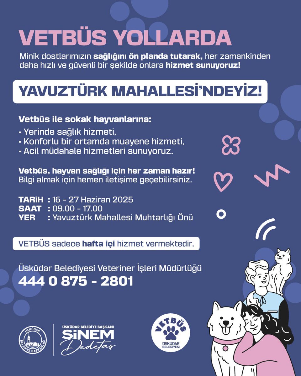 Vetbüs Yavuztürk Mahallesi'nde! 🐾

Vetbüs, 16-27 Haziran tarihleri arasında Yavuztürk Mahallesi, Yavuztürk Mahalle Muhtarlığı önünde, minik dostlarımızın sağlığı için hizmetinizde olacak.

📅 16 Haziran 2025 - 27 Haziran 2025
⏰ 09.00 - 17.00
📍 Yavuztürk Mahallesi, Yavuztürk