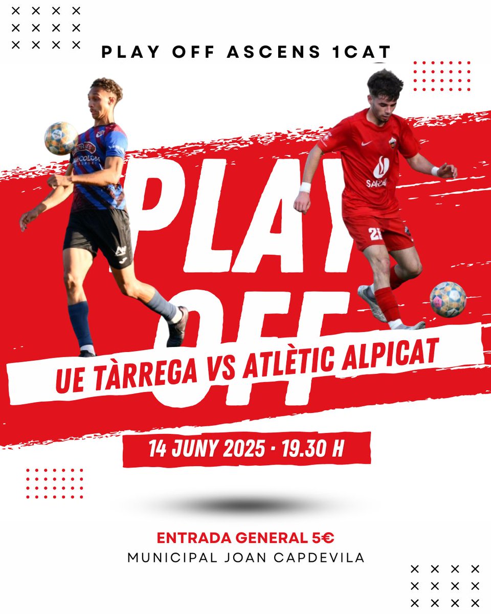 FutbolAlpicat's tweet image. #DIADEPARTIT ⚽

🗓️ Dissabte, 14/06/25
⚽ Play Off - Tornada final (1-2)
🆚 UE Tàrrega
🕔 19:30h
📍 Mpal. Joan Capdevila

🔴🔴🔴🔴🔴
#GoReds 💪
#PlayOff1cat
#futbolcat