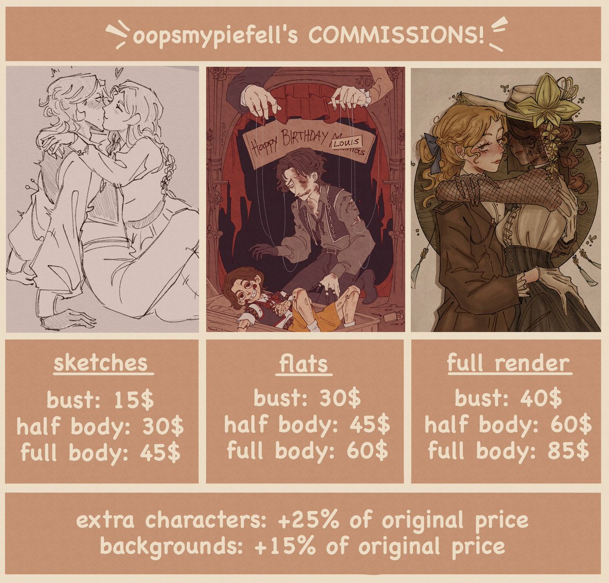oopsmypiefell's tweet image. ive updated my commission sheet! it will help me cover real life expenses so any support means a lot π»