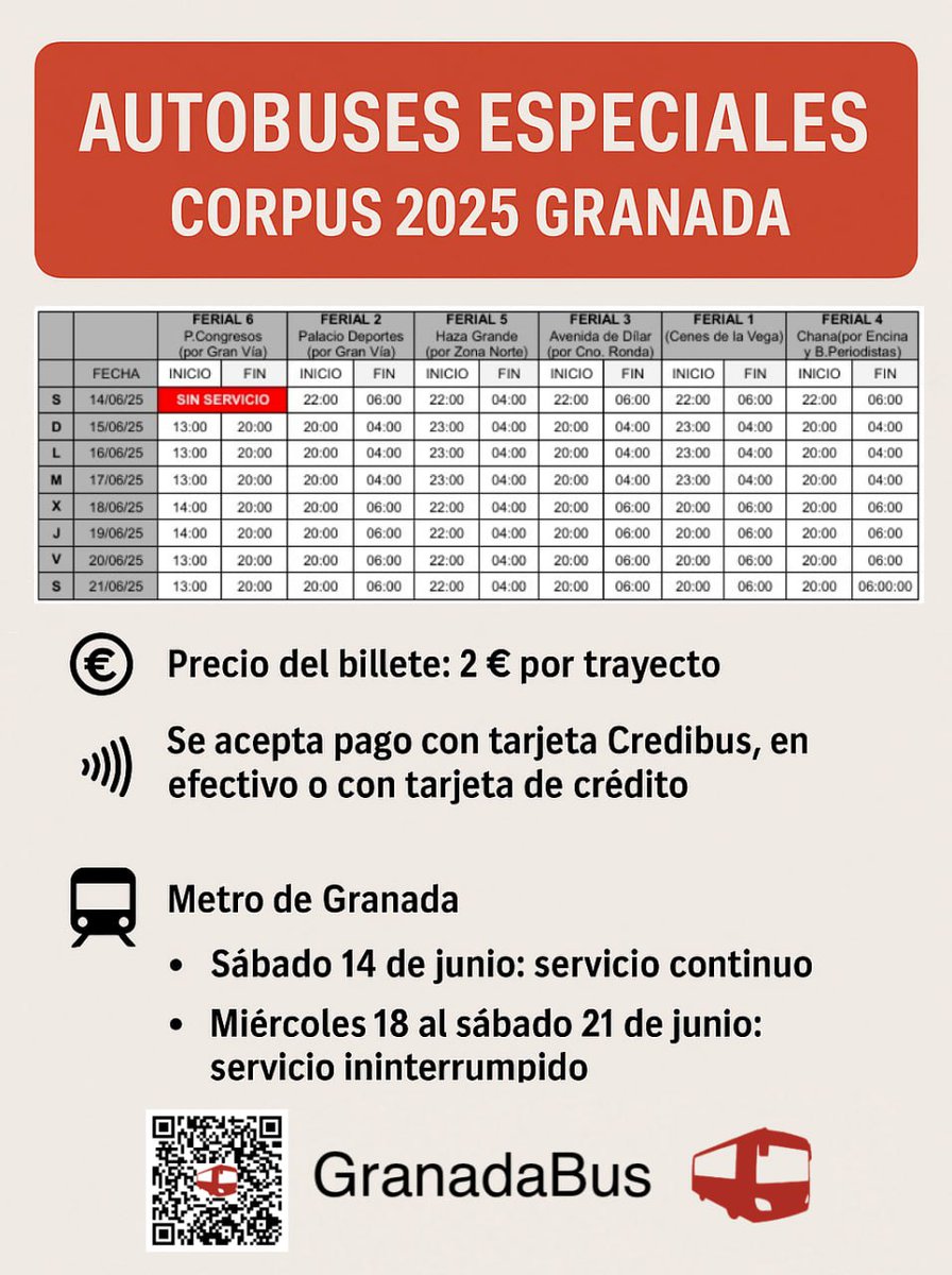 GranadaBus's tweet photo. 📣 ¡Ya está disponible el plan especial de transporte para la Feria del #Corpus2025 en #Granada!

🚌 Líneas especiales de autobús
🚇 Servicio continuo de metro
💳 Pago con Credibús, efectivo o tarjeta

Consulta horarios y detalles en el cartel 👇
#GranadaBus #CorpusGranada https://t.co/4gPviVxgRb