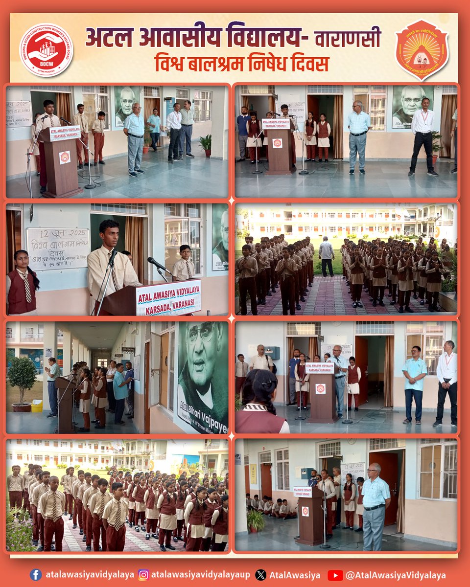 AtalAwasiya's tweet image. दिनांक 12 जून, 2025 को अटल आवासीय विद्यालय, वाराणसी में विश्व बालश्रम निषेध दिवस के अवसर कार्यक्रम का आयोजन किया गया। इस कार्यक्रम में सभी विद्यार्थी, प्रशासनिक अधिकारी, समस्त शिक्षकगण और गैर-शैक्षणिक स्टाफ उपस्थित रहे।

#atalawasiyavidyalays #upbocw #worlddayagainstchildlabour