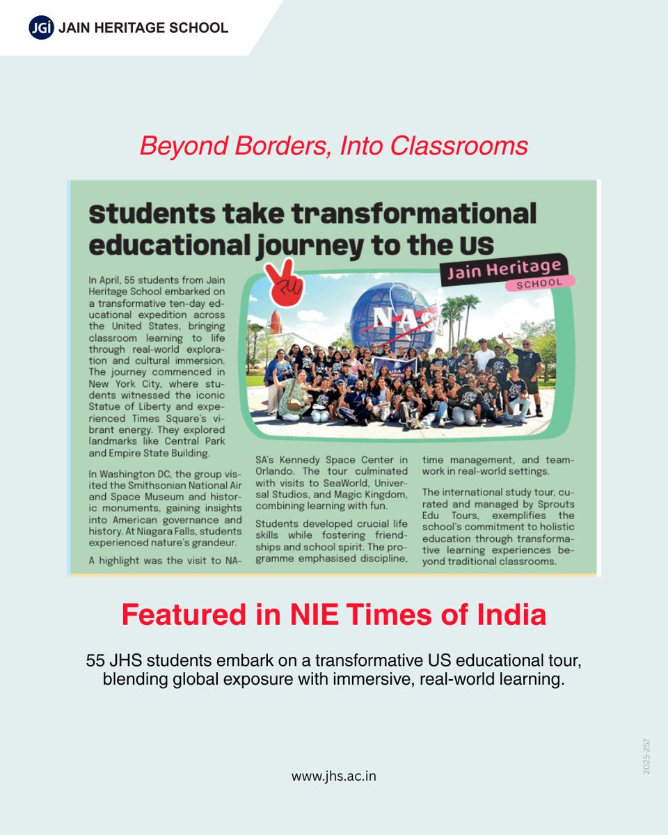 Classrooms with a View! 
From Times Square to NASA, 55 JHS students turned the USA into their textbook. Proudly featured in NIE – Times of India!

#JHS #JAINHeritageSchool #NIE #TimesOfIndia