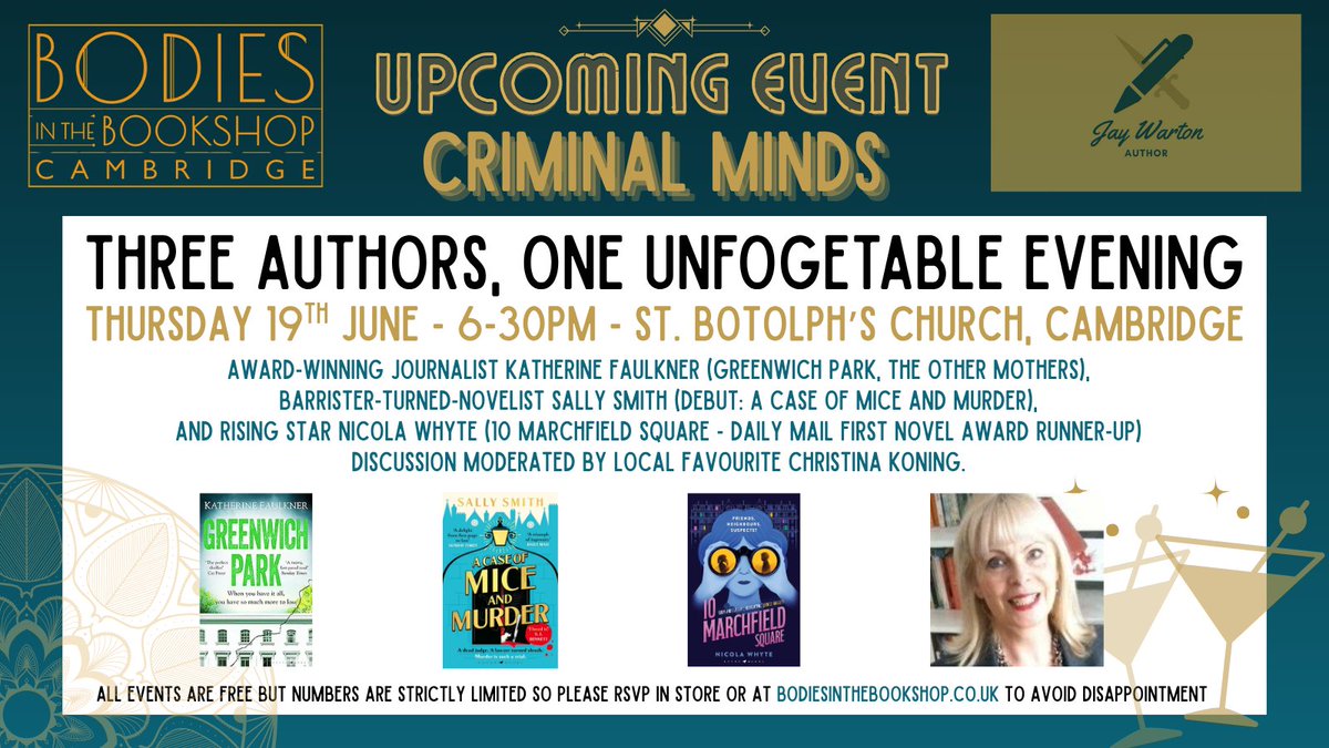 Jay Warton Author (@joedoebooks) on Twitter photo Well this looks fun. That's my Thursday sorted then. Meet everyone there? Free tickets at bodiesinthebookshop.co.uk or from the shop.
#Cambridge
#CrimeFiction
#amreading
<a href="/k_faulkner/">Katherine Faulkner</a>
<a href="/nixawhy/">Nicola Whyte</a>
@christinakoning Well this looks fun. That's my Thursday sorted then. Meet everyone there? Free tickets at bodiesinthebookshop.co.uk or from the shop.
#Cambridge
#CrimeFiction
#amreading
<a href="/k_faulkner/">Katherine Faulkner</a>
<a href="/nixawhy/">Nicola Whyte</a>
@christinakoning