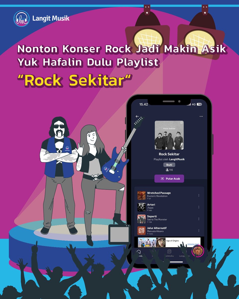 LangitMusik's tweet image. Sebelum teriak histeris di konser rock idola, pastikan kamu udah hafal semua lirik lagunya, ya! 🎤✨  Dengerin dan hafalin lagu-lagu favorit kamu langsung di aplikasi Langit Musik. 🎶💙 

Langit Musik, teman setia sebelum konser dimulai. 🚀 #LangitMusik #playlistrocksekitar