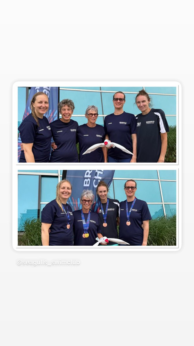 British Masters Championships 2025

Massive swims from the seagulls team in London for the British masters Champs. 

Wendy Bates - 4th 1500Fc

Viv Jones - 200 Fc 🥇

50 Brst 
Helen, 8th 
Ellie, 8th

4 x 100 🥉
Jacqui, Wendy, Viv, Ellie 

4 x 50 - 7th place
Me, Viv, Jacqui, Helen