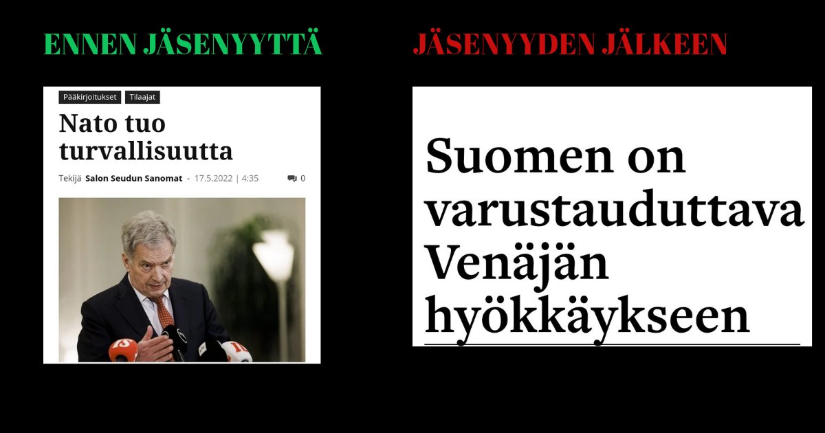 Meitä "kustiin suoraan linssiin". Silloinen valtionjohto tulisi haastaa oikeuteen maanpetoksesta. Kaikki kansalle annetut lupaukset petettiin. Meistä tehtiin sodan osapuoli ilman kansanäänestystä. Nyt kansalta kupataan miljarditolkulla rahaa NATOn vaatimiin puolustus menoihin,