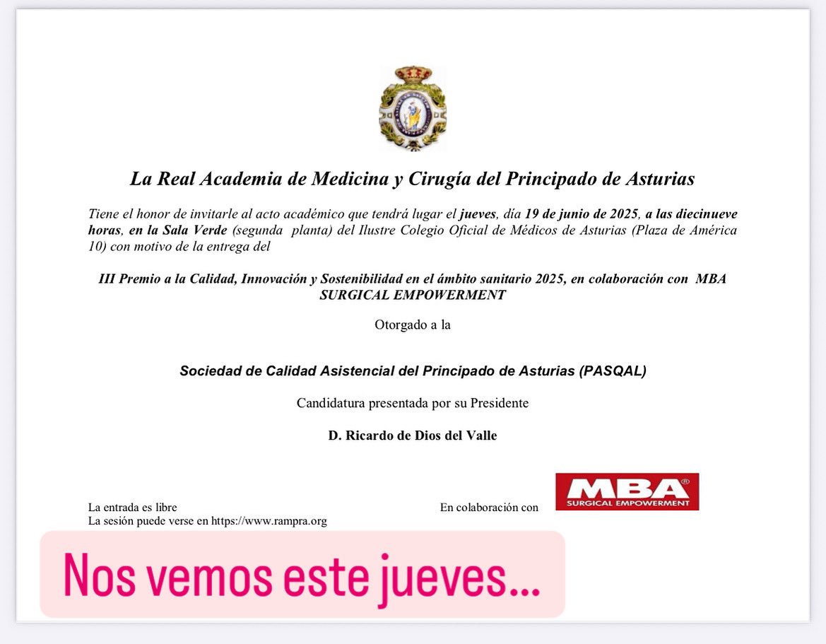 👉<a href="/PasQalAsturias/">PasQal</a> recoge el Jueves👉 

3️⃣Premio a la Calidad, Innovación y Sostenibilidad en el Ámbito Sanitario 

👉Otorgado por la Real Academia de Medicina y Cirugía del Principado de Asturias

🫶🏻Gracias a socios, instituciones y empresas colaboradoras‼️
#PASQALeresTÚ