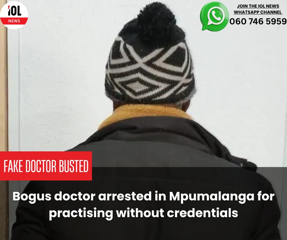 IOL's tweet photo. A 38-year-old man from the DRC has been arrested for allegedly posing as a medical doctor at a practice in Embalenhle, Mpumalanga.  
#FakeDoctor #Mpumalanga #CrimeAlert #HealthFraud #BreakingNews
Read on https://t.co/U0ce686B69 https://t.co/b7m8H0Zf6W