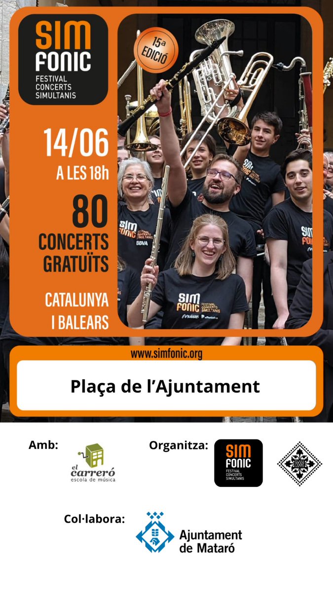 🚨 Aquesta tarda no us perdeu el concert de l'escola de <a href="/MusicaCarrero/">El Carreró </a> a Plaça de l'Ajuntament. A les 18h. Us esperem. 🎶🎷🎺🥁🎻