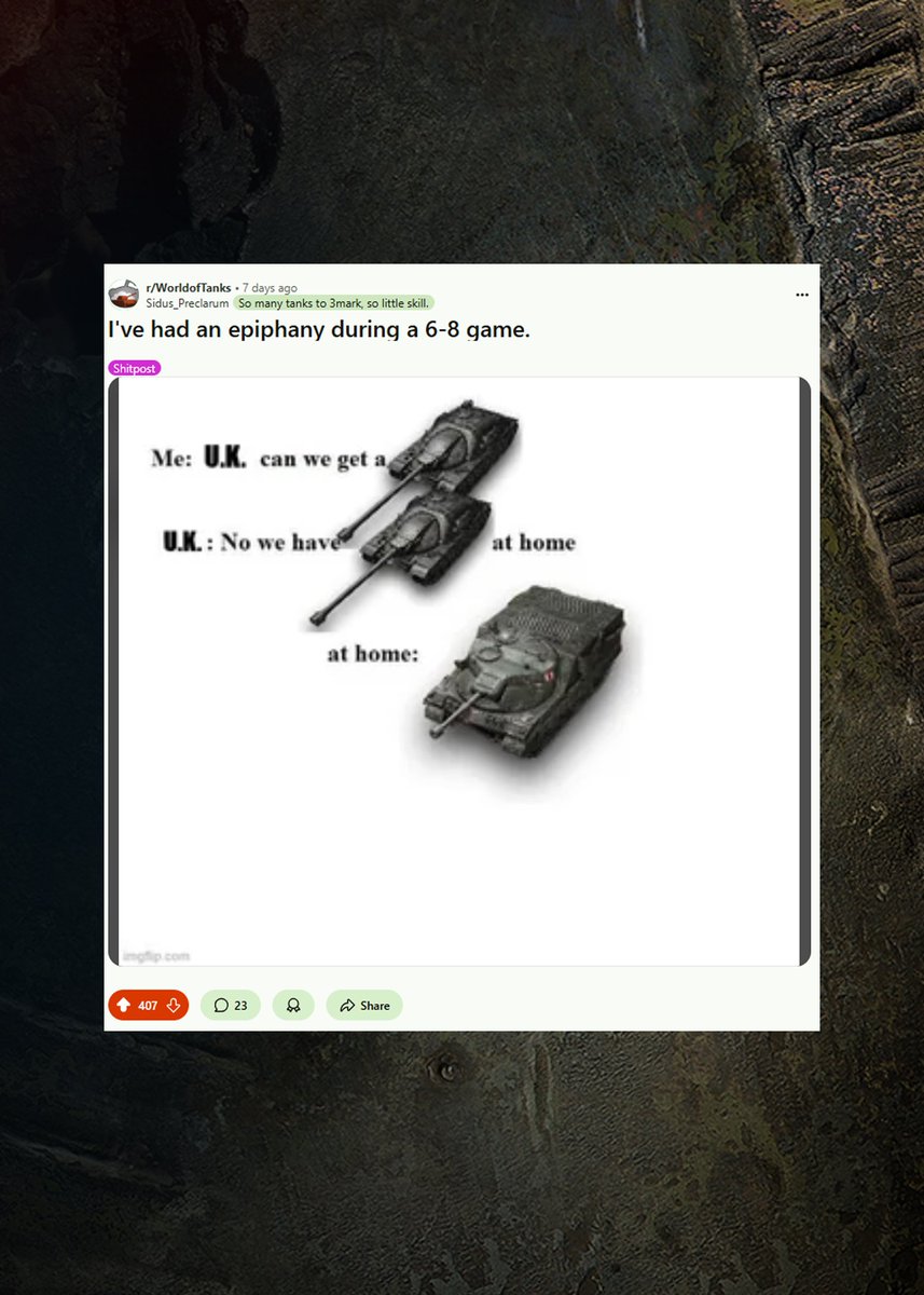 worldoftanks's tweet image. We’ve rounded up our top meme picks from Reddit this week – and yes, they’re as accurate as an EBR on caffeine.

Drop your favorite map location in the comments — are you a hill camper, a city brawler, or a bush wookie? 👇
#wotmemes #tanklife #redditmemes