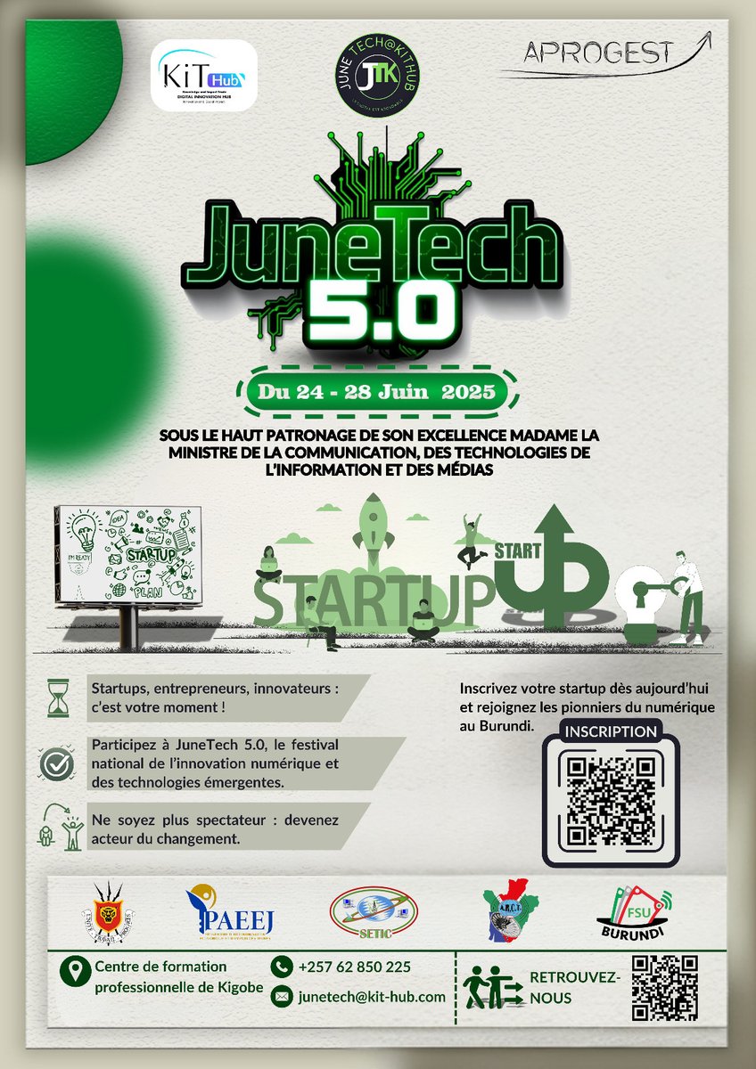 KithubNews (@kithubnews) on Twitter photo 🚀 JUNETECH 2025 – L’événement qui propulse la jeunesse et l’innovation digitale ! 🇧🇮
📍 Lieu : Centre de Formation Professionnelle de Kigobe (CFPK), Bujumbura
 📅 Dates : du 24 au 28 juin 2025 🚀 JUNETECH 2025 – L’événement qui propulse la jeunesse et l’innovation digitale ! 🇧🇮
📍 Lieu : Centre de Formation Professionnelle de Kigobe (CFPK), Bujumbura
 📅 Dates : du 24 au 28 juin 2025