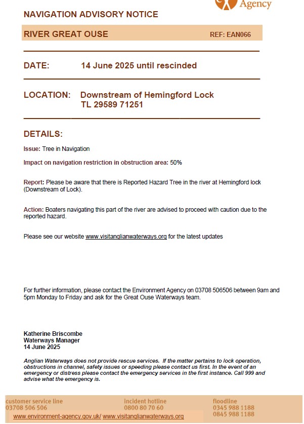 Please see our latest Navigation Advisory Notice for the River Great Ouse.