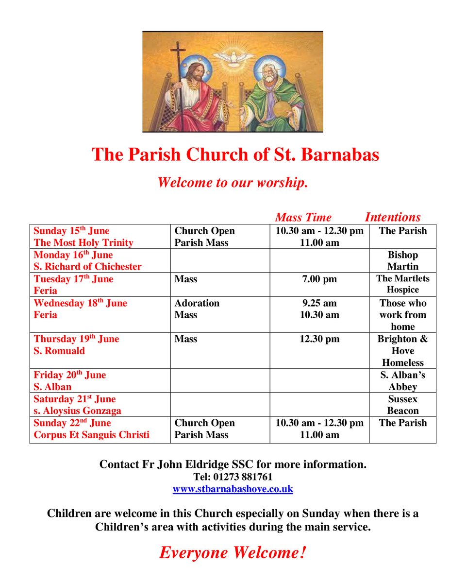 Here are the times for the church to be open for private prayer and Masses for the upcoming week.
#ChichesterDio #churchofengland #stbarnabas #hove #Sussex #ChiCathedral