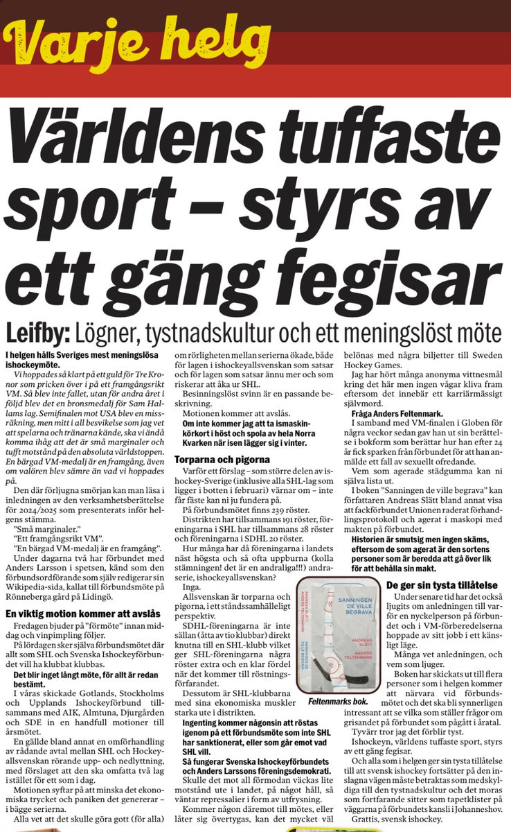 Om helgens ishockeymöte.