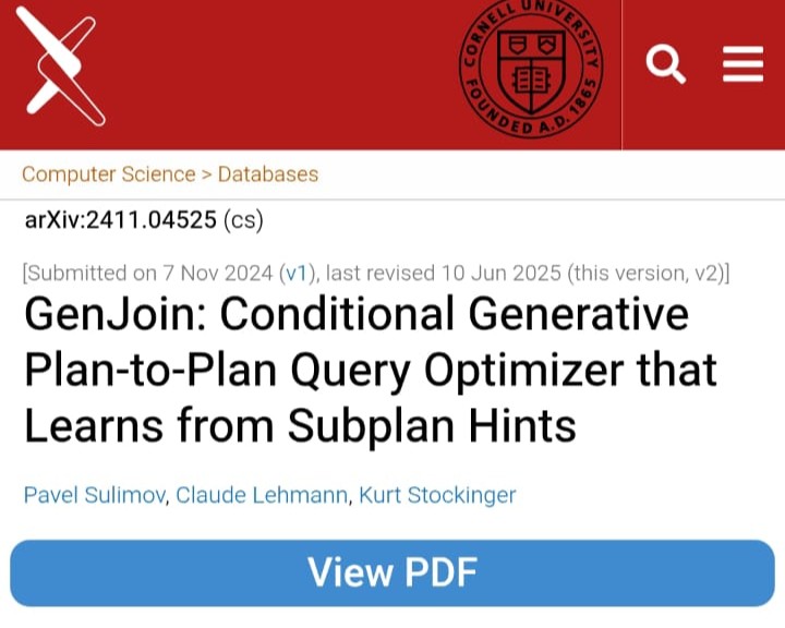 DataGEMS is excited to share that the paper "GenJoin: Conditional Generative Plan-to-Plan Query Optimizer that Learns from Subplan Hints" by our partners from Zurich University of Applied Sciences has been accepted at SIGMOD 2026. Read more: linkedin.com/feed/update/ur…