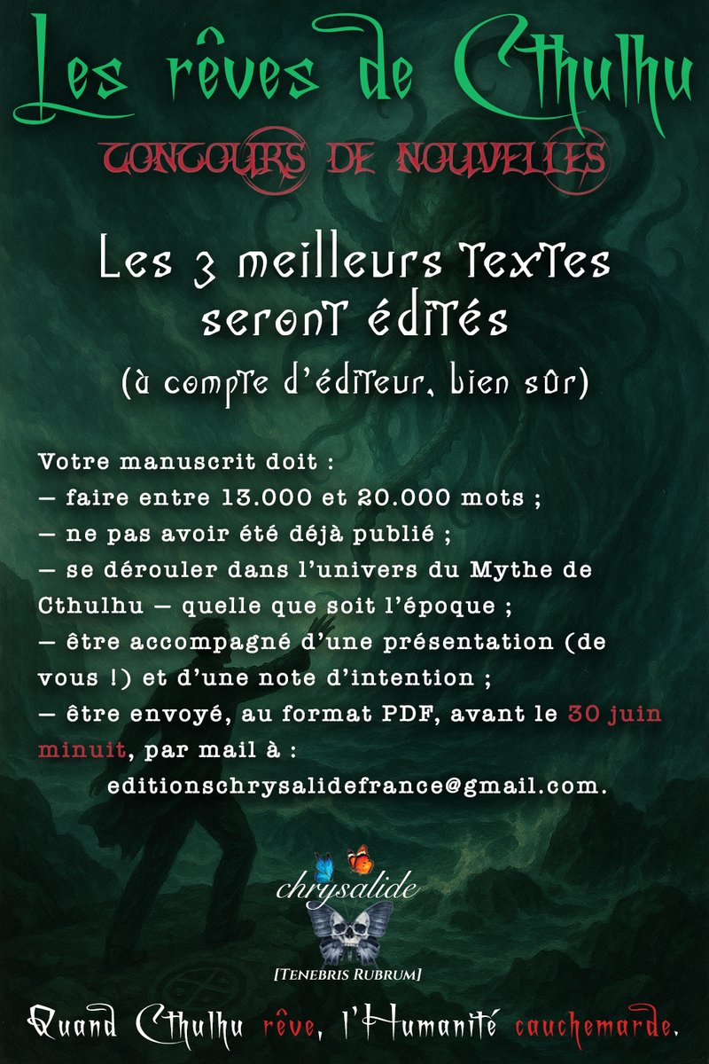 LireChrysalide's tweet photo. Renouvelez le Mythe le plus célèbre au monde !
"Sombres entités et noirs désirs",
concours de nouvelles dans l'univers de #hplovecraft et du Grand #Cthulhu

Modalités et informations : https://t.co/mREtwyMCGl