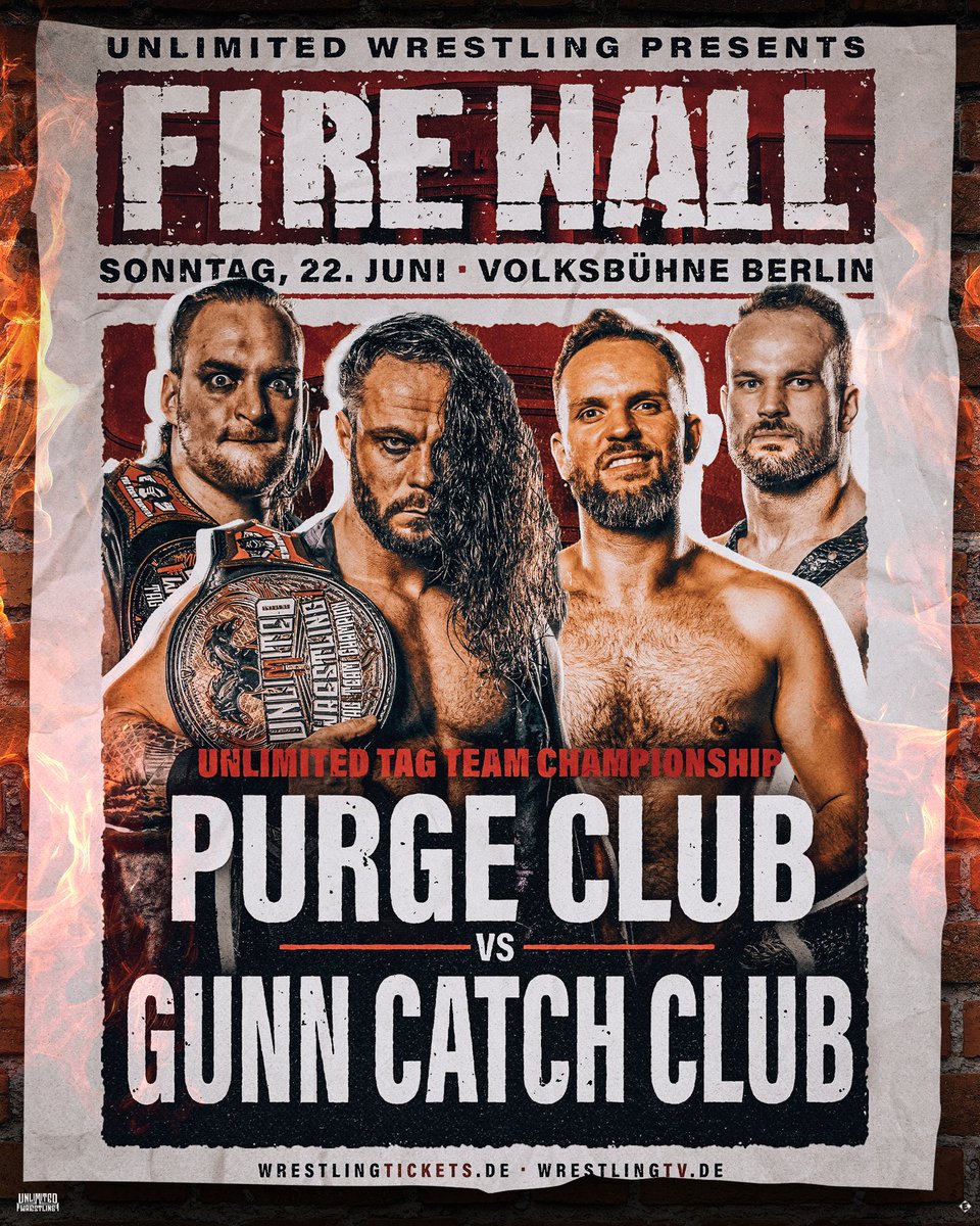 Wer ist das schlagkräftigste Tag Team in #WrestlingDeutschland? Bei FIREWALL an der historischen Volksbühne in #Berlin finden wir es heraus! Hier heißt es: Purge vs. Gunn Catch Club! 👊

🎟️wrestlingtickets.de