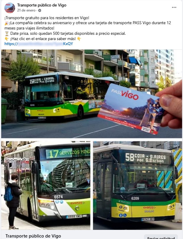 guardiacivil's tweet photo. ⚠️#AVISO‼️ Detectada una campaña con anuncios maliciosos en diferentes páginas de #Facebook en las que ofrecen conseguir una tarjeta de transporte público gratis durante un año en varias localidades de #España.

#NoPiques, incluyen un enlace fraudulento para obtener tus datos personales y bancarios👇
ℹ️https://t.co/iepnlTTNFZ

#Ciberseguridad @INCIBE @osiseguridad