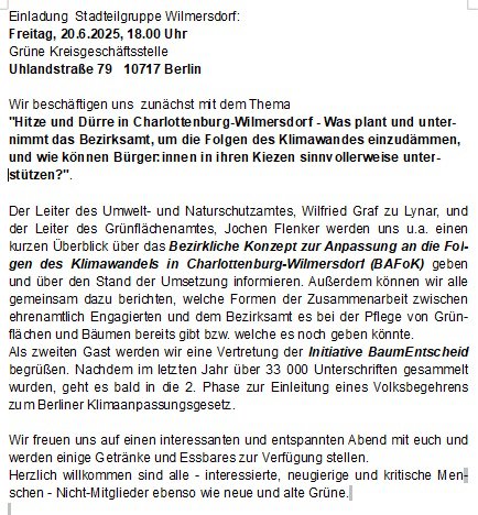 Hitze und Dürre in Charlottenburg-Wilmersdorf - Was plant u. unternimmt der Bezirk, um Klimawandel-Folgen einzudämmen und wie können Bürger:innen im Kiez das sinnvoll unterstützen? Dazu  lädt die Statteilgruppe Wilmersdorf ein am 20.6. ab 18 Uhr in die Uhlandstr. 79  10717 Berlin
