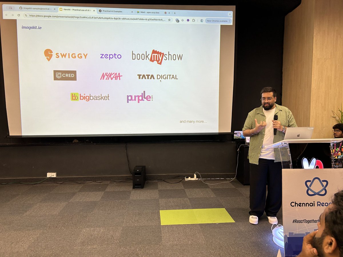 chennaireact's tweet image. ๐ AI + Web = Superpower!
Harshit Budhraja shown how GenAI can actually transform web dev, not just buzzword it ๐ป
React folks taking notes, serious learning mode ON!