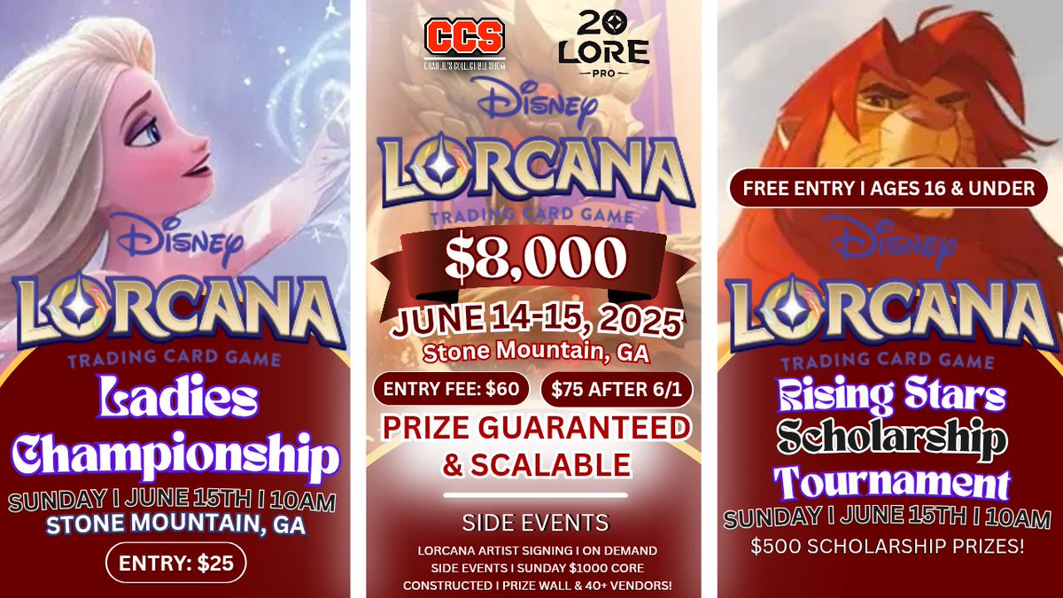 20LorePro's tweet image. Get ready yall, 20 Lore Pro will be live today at 1000 EST with Charlie's Collectible Show's 8K Lorcana Tournament!! There's already over 200 players registered for the event. Catch all the action on our Twitch or YT:
twitch.tv/20lorepro
Community Pro:…