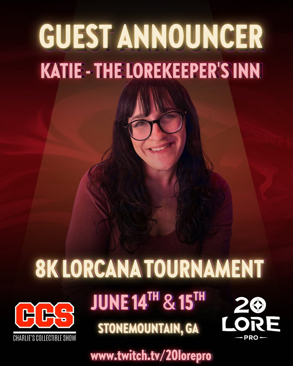 20LorePro's tweet image. Get ready yall, 20 Lore Pro will be live today at 1000 EST with Charlie's Collectible Show's 8K Lorcana Tournament!! There's already over 200 players registered for the event. Catch all the action on our Twitch or YT:
twitch.tv/20lorepro
Community Pro:…