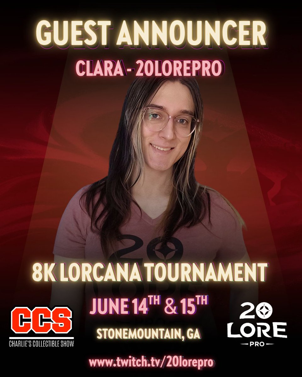 20LorePro's tweet image. Get ready yall, 20 Lore Pro will be live today at 1000 EST with Charlie's Collectible Show's 8K Lorcana Tournament!! There's already over 200 players registered for the event. Catch all the action on our Twitch or YT:
twitch.tv/20lorepro
Community Pro:…