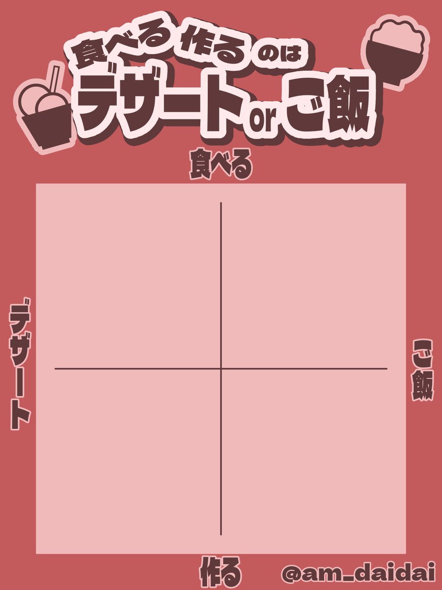 ご飯を誰かの分まで作る方or作るより食べる方なのか
料理はご飯かデザートが多いのか…みたいなシートです
自分用で作ったのはありますがよその子でもいっぱい見たいです‼️

呼び出し不要ですのでご自由にお使いください
(ID隠し/無断転載/自作発言NG)

#創作テンプレート 
#創作テンプレ