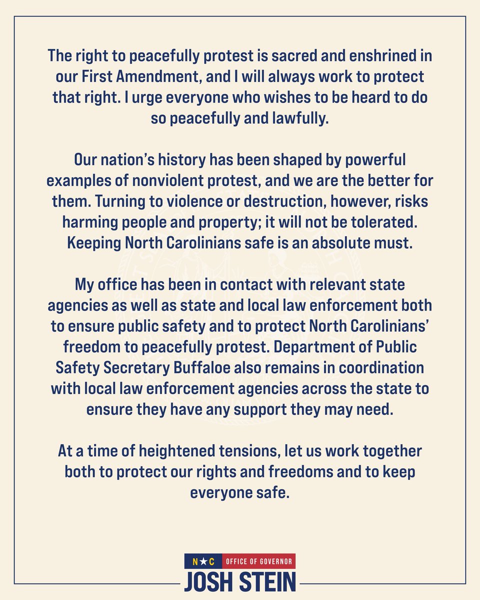 The right to peacefully protest is sacred and enshrined in our First Amendment, and I will always work to protect that right. I urge everyone who wishes to be heard to do so peacefully and lawfully.