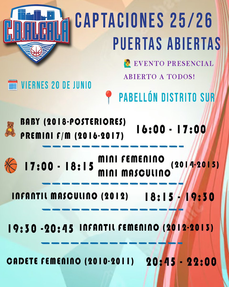 📣 ACTUALIZAMOS FECHAS Y HORARIOS CB ALCALÁ

Algunas categorías tendrán NUEVOS DÍAS y HORAS para nuestras Jornadas de Puertas Abiertas.

Si estabas pendiente de asistir, toma nota 👇

Formamos jugadores, construimos equipo.
Te esperamos.