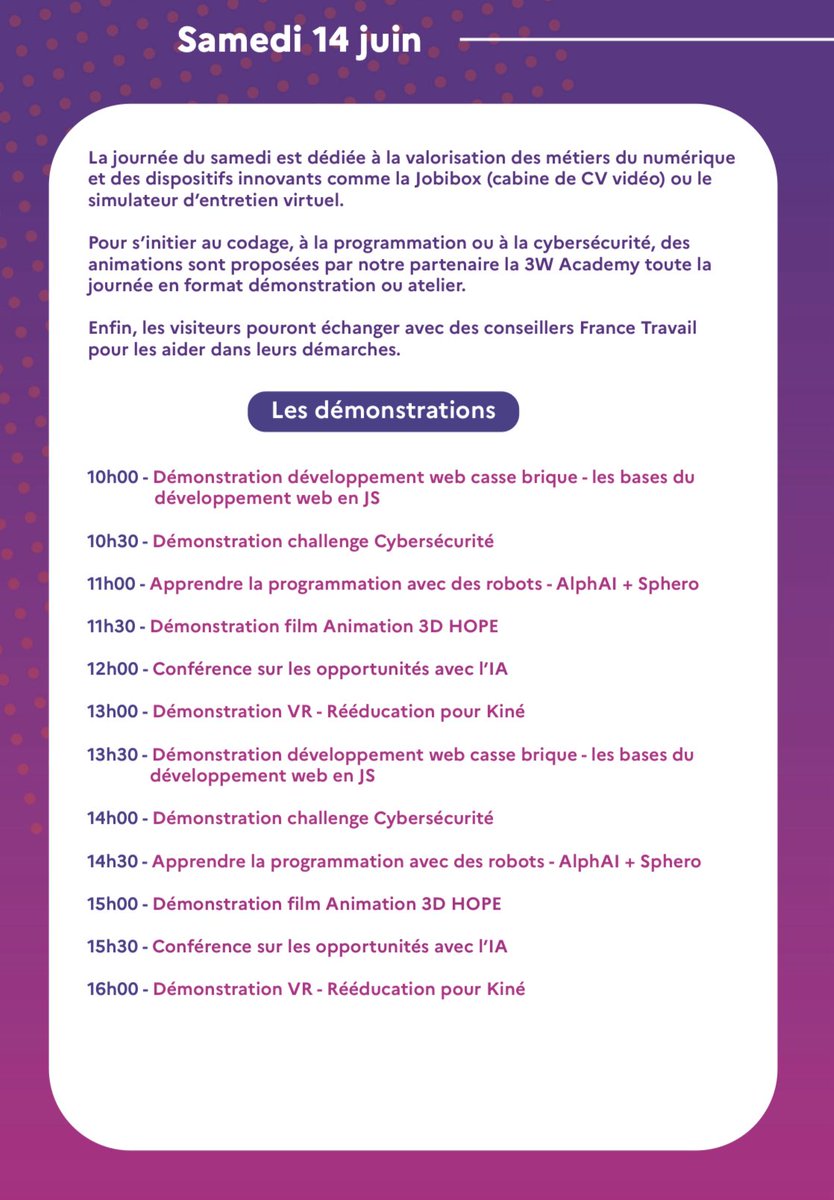 Louis (@louis_delphis) on Twitter photo 🚨 Dernier jour à #VivaTech2025 !
<a href="/FranceTravail/">France Travail</a> vous attend sur le stand D60 – Hall 1 pour découvrir comment l’innovation transforme l’accompagnement vers l’emploi 💼🤖
📸 Le programme du jour est juste ici 👇
#AvecFranceTravail #TechForGood #IA #Emploi #RH #VivaTech 🚨 Dernier jour à #VivaTech2025 !
<a href="/FranceTravail/">France Travail</a> vous attend sur le stand D60 – Hall 1 pour découvrir comment l’innovation transforme l’accompagnement vers l’emploi 💼🤖
📸 Le programme du jour est juste ici 👇
#AvecFranceTravail #TechForGood #IA #Emploi #RH #VivaTech