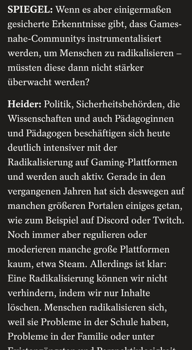 Ein wirklich guter Artikel im <a href="/derspiegel/">DER SPIEGEL</a> warum es keine "Killerspiel-Debatte" mehr geben wird.

Soziale Isolation und Probleme im schulischen, sowie privaten Umfeld sind viel ausschlaggebender als der Medienkonsum.

Ein weiterer Grund für eine Gemeinnützigkeit des E-Sport!